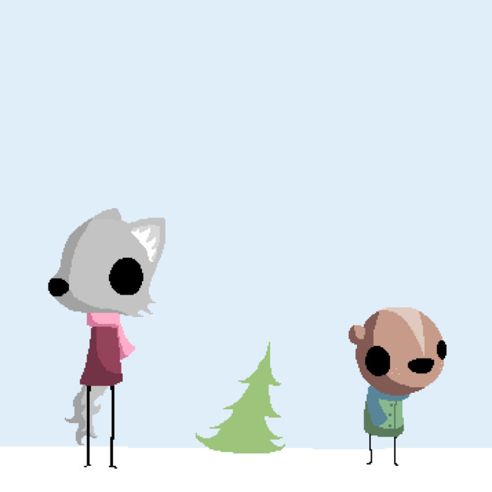 An anthropomorphic weasel and wolf standing in an icy plain with a single pine tree in the center.